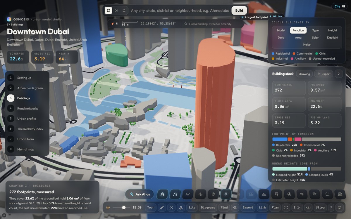 OSMosis showing a 3D model of Downtown Dubai, buildings coloured by use, with the buildings panel open